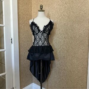 VTG 70s 80s Retro Black Lace See Through Corset Bustier Lingerie Slip Dress